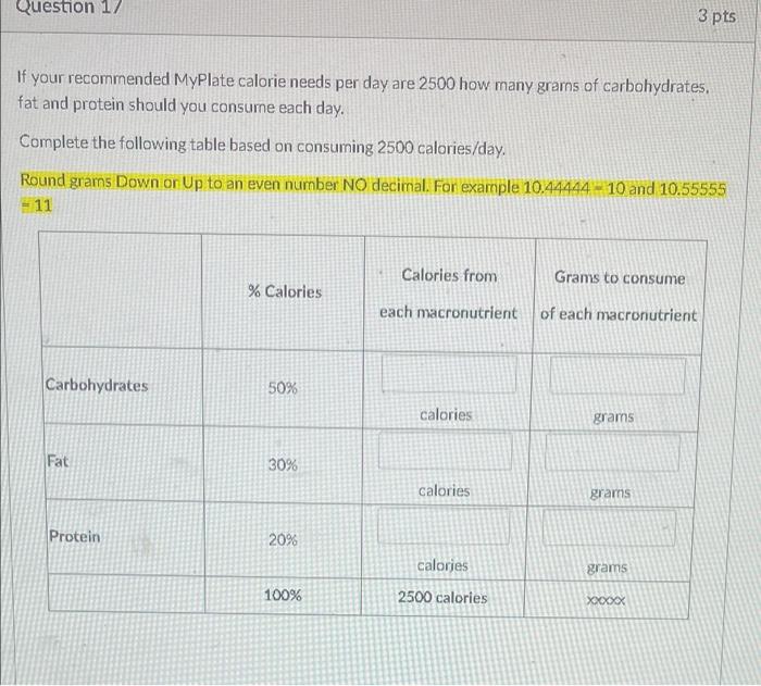 Question 17 If Your Recommended Myplate Calorie Needs Per Day Are 2500 How Many Grams Of Carbohydrates Fat And Protein 1
