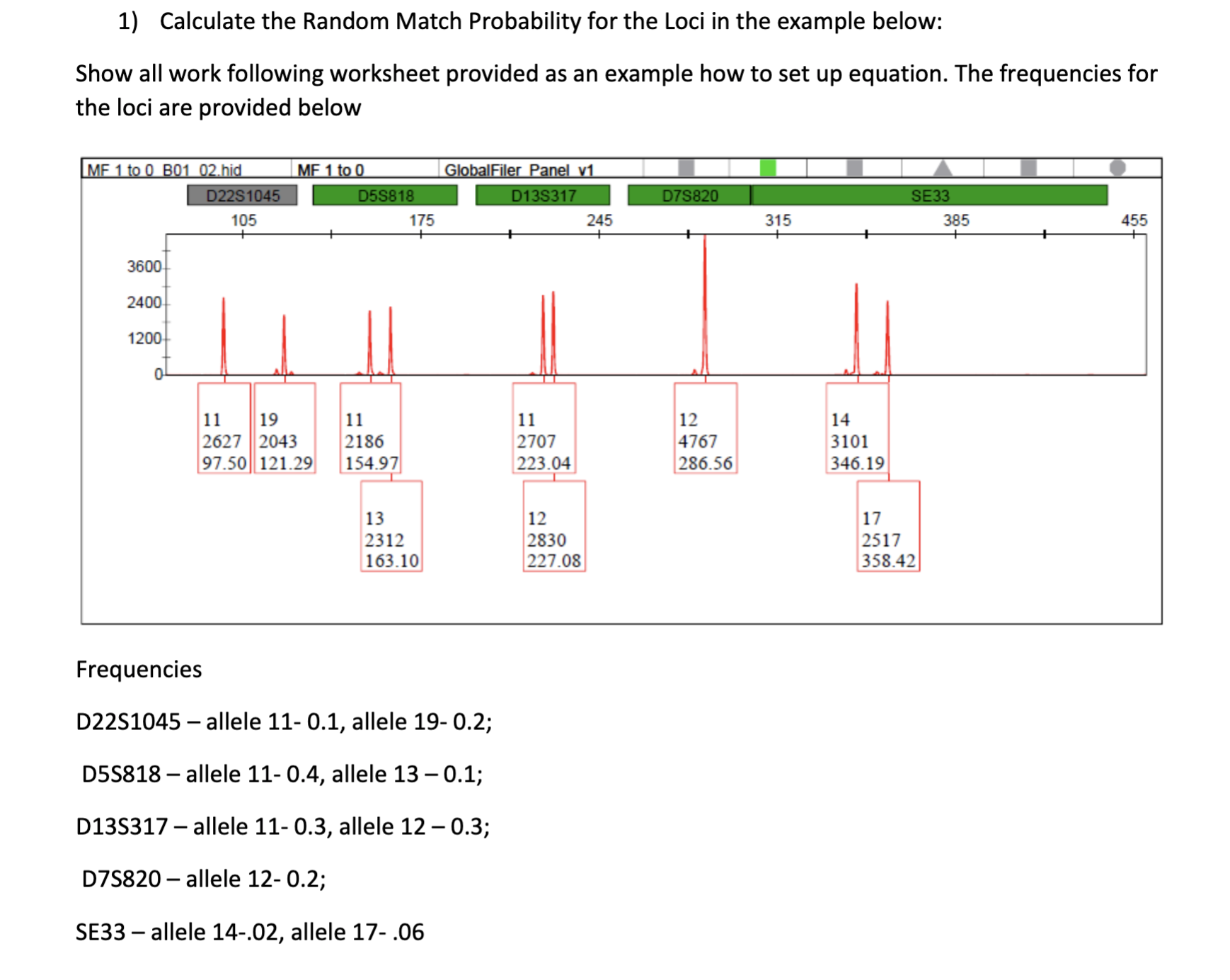 1 Calculate The Random Match Probability For The Loci In The Example Below Show All Work Following Worksheet Provided 1