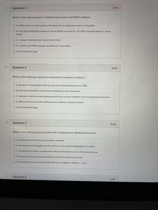 D D Question 1 Which Of The Following Apply To Staphylococcus Aureus And Mrsa Subtypes Oamrsa Strains Can Infect Persons 1