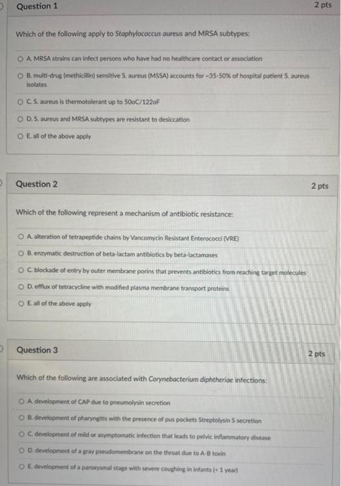 D D Question 1 Which Of The Following Apply To Staphylococcus Aureus And Mrsa Subtypes Oamrsa Strains Can Infect Persons 3