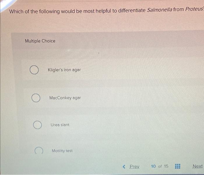 Which Of The Following Would Be Most Helpful To Differentiate Salmonella From Proteus Multiple Choice Kligler S Iron Aga 1