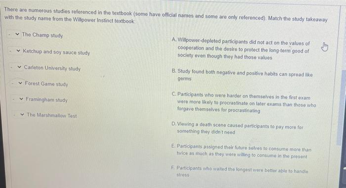 There Are Numerous Studies Referenced In The Textbook Some Have Official Names And Some Are Only Referenced Match The 1