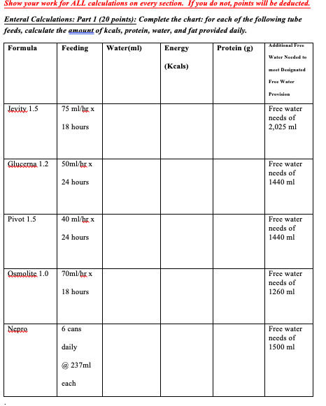 Show Your Work For All Calculations On Every Section If You Do Not Points Will Be Deducted Enteral Calculations Part 1