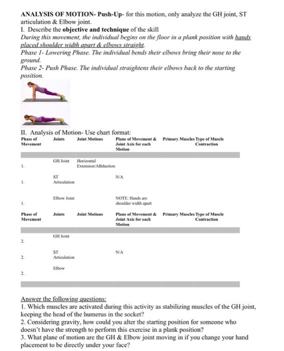 Analysis Of Motion Push Up For This Motion Only Analyze The Gh Joint St Articulation Elbow Joint 1 Describe The 1
