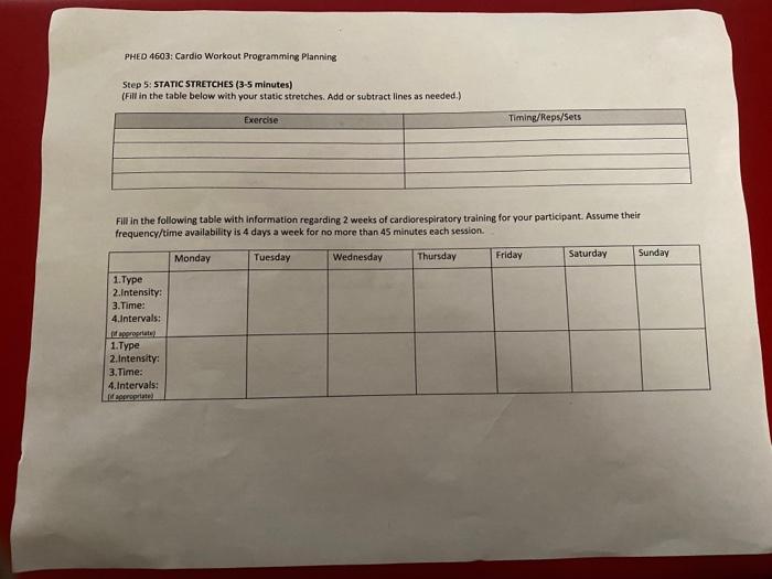 Phed 4603 Cardio Workout Programming Planning Step 5 Static Stretches 3 5 Minutes Fill In The Table Below With Your 1