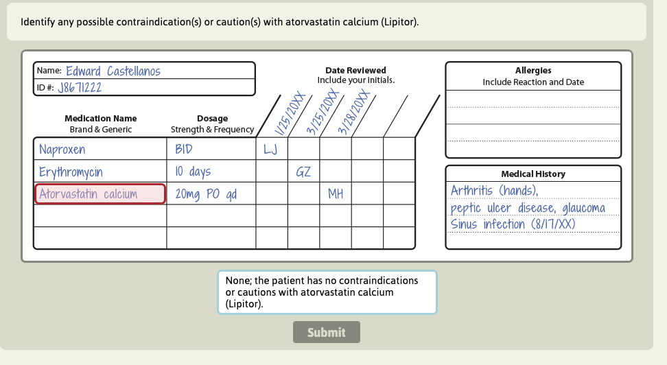 Identify Any Possible Contraindication S Or Caution S With Atorvastatin Calcium Lipitor Name Edward Castellanos Id 1