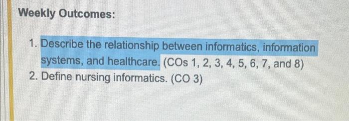 Weekly Outcomes 1 Describe The Relationship Between Informatics Information Systems And Healthcare Cos 1 2 3 4 1