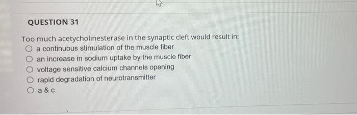 Question 31 Too Much Acetycholinesterase In The Synaptic Cleft Would Result In A Continuous Stimulation Of The Muscle F 1