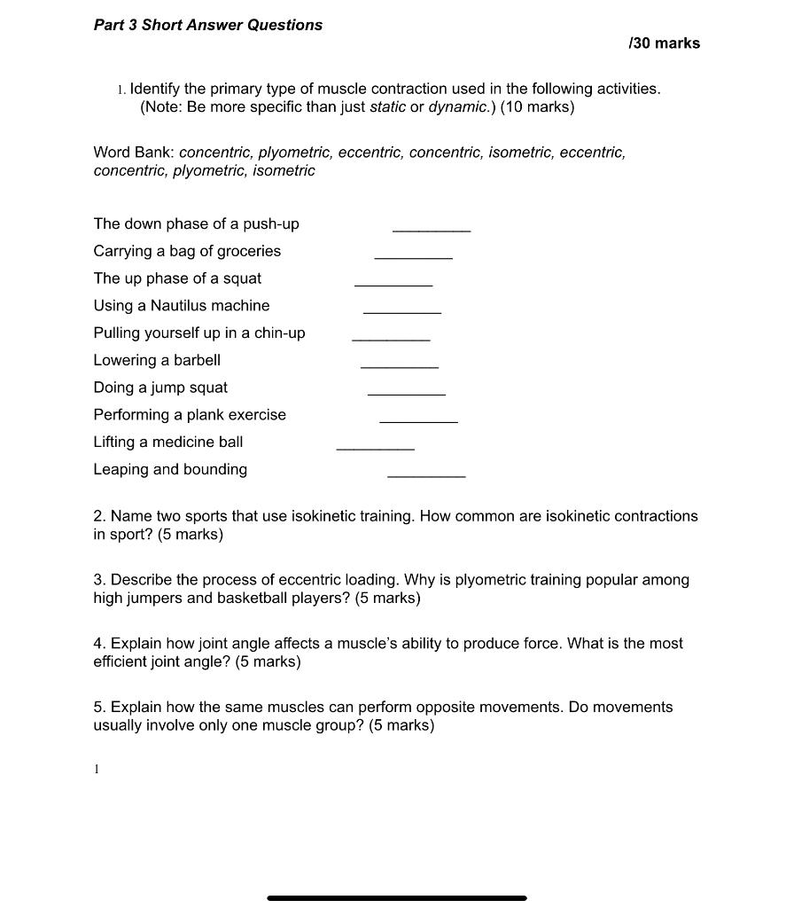 Part 3 Short Answer Questions Word Bank Concentric Plyometric Eccentric Concentric Isometric Eccentric Concentric 1