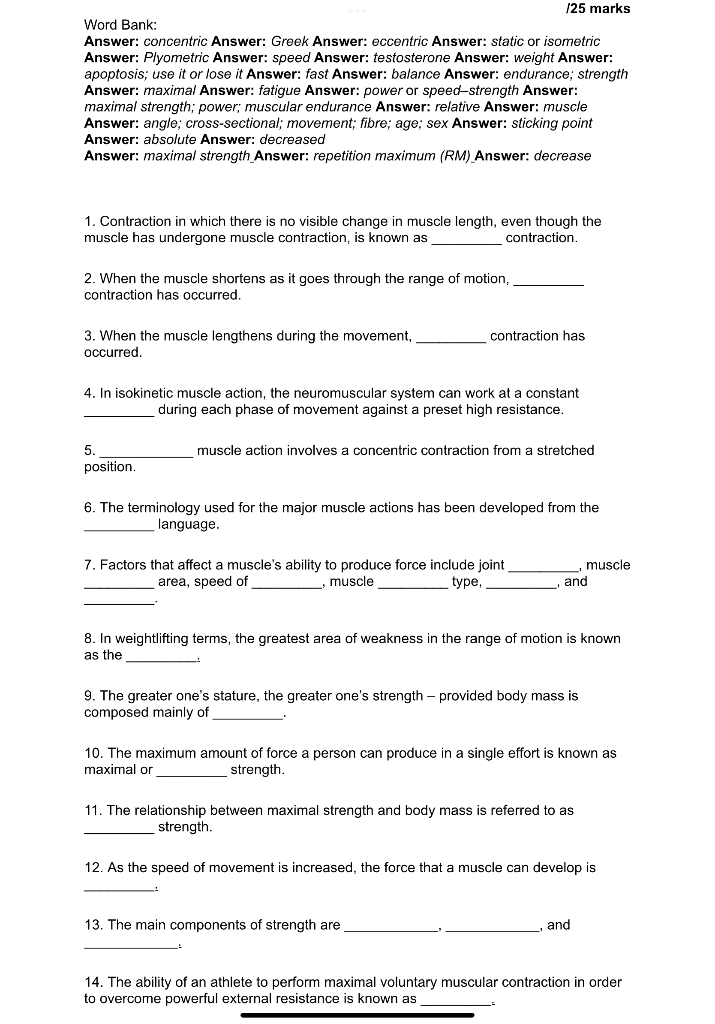 25 Marks Word Bank Answer Concentric Answer Greek Answer Eccentric Answer Static Or Isometric Answer Plyometric A 1