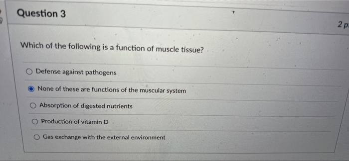 Question 3 Which Of The Following Is A Function Of Muscle Tissue Defense Against Pathogens None Of These Are Functions 1
