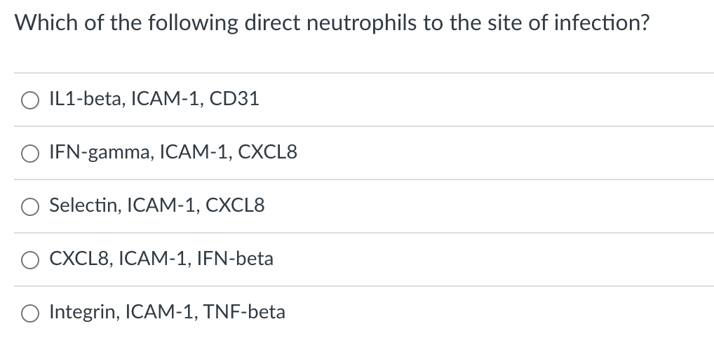 Which Of The Following Direct Neutrophils To The Site Of Infection Il1 Beta Icam 1 Cd31 Ifn Gamma Icam 1 Cxcl8 Sele 1