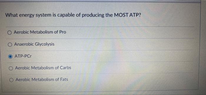 What Energy System Is Capable Of Producing The Most Atp Aerobic Metabolism Of Pro Anaerobic Glycolysis Atp Pcr O Aerobi 1