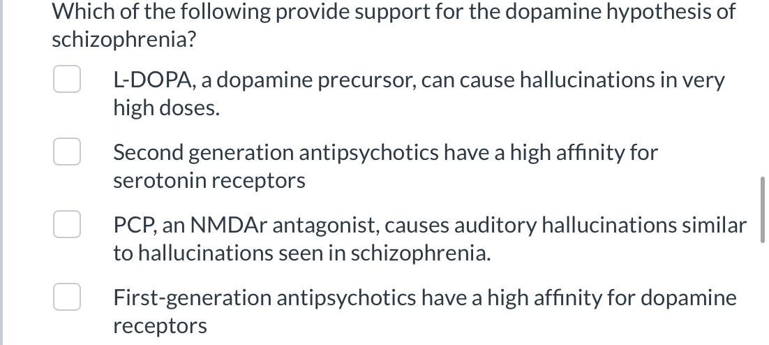 Which Of The Following Provide Support For The Dopamine Hypothesis Of Schizophrenia L Dopa A Dopamine Precursor Can C 1