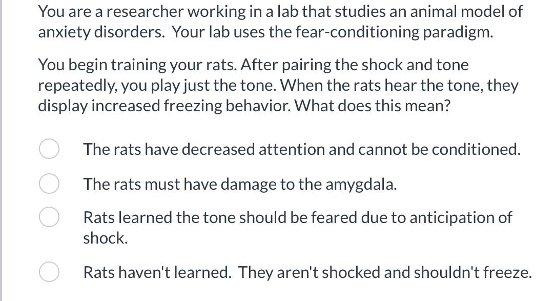 You Are A Researcher Working In A Lab That Studies An Animal Model Of Anxiety Disorders Your Lab Uses The Fear Conditio 1