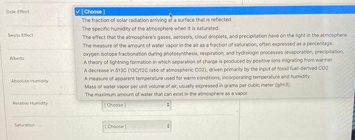 Dole Effect Seuss Effect Albedo Absolute Humidity Relative Humidity Saturation Choose The Fraction Of Solar Radiation 1