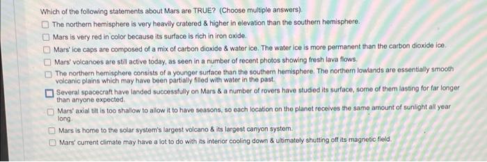 Which Of The Following Statements About Mars Are True Choose Multiple Answers The Northern Hemisphere Is Very Heavil 1