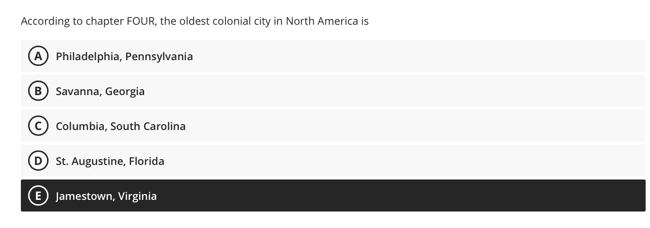 According To Chapter Four The Oldest Colonial City In North America Is A Philadelphia Pennsylvania B Savanna Georgia 1