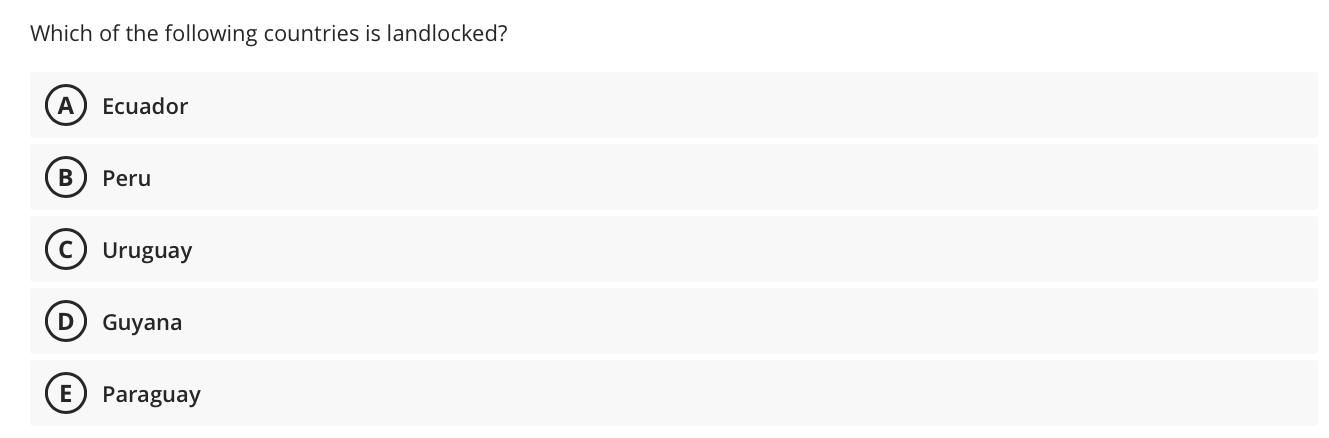 Which Of The Following Countries Is Landlocked A Ecuador B Peru Uruguay D Guyana E Paraguay 1