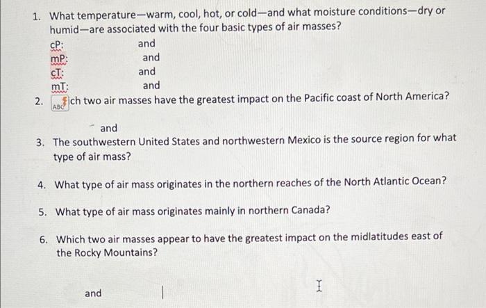 1 What Temperature Warm Cool Hot Or Cold And What Moisture Conditions Dry Or Humid Are Associated With The Four Basi 1