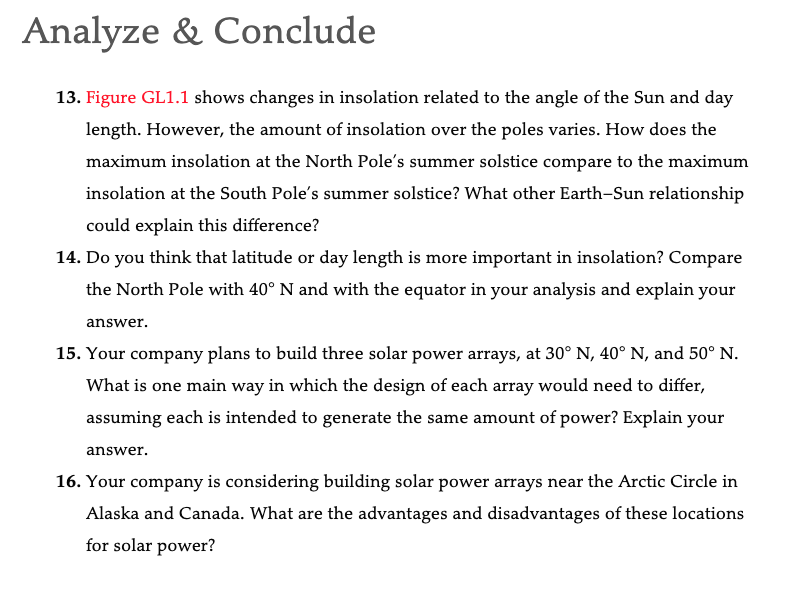 Analyze Conclude 13 Figure Gl1 1 Shows Changes In Insolation Related To The Angle Of The Sun And Day Length However 1