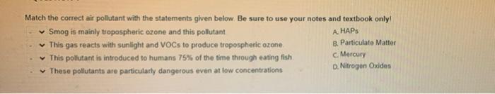 Match The Correct Air Pollutant With The Statements Given Below Be Sure To Use Your Notes And Textbook Only A Haps B 1