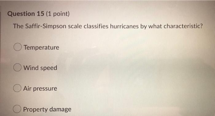 Question 15 1 Point The Saffir Simpson Scale Classifies Hurricanes By What Characteristic Temperature Wind Speed Air 1