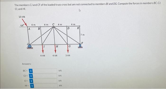 The Members Cj And Cf Of The Loaded Truss Cross But Are Not Connected To Members Bl And Dg Compute The Forces In Member 1