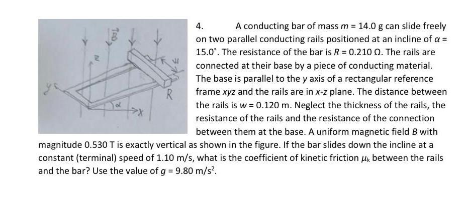 4 A Conducting Bar Of Mass M 14 0 G Can Slide Freely On Two Parallel Conducting Rails Positioned At An Incline Of A 1
