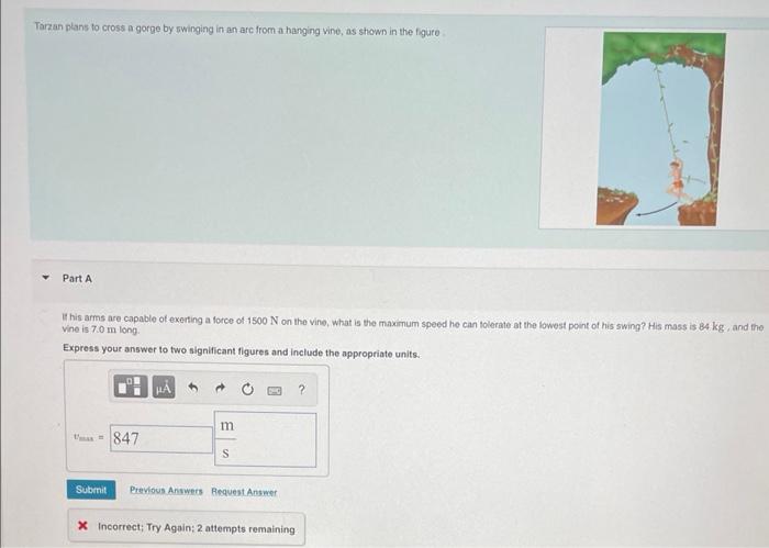 Tarzan Plans To Cross A Gorge By Swinging In An Are From A Hanging Vine As Shown In The Figure Part A If His Arms Are C 1