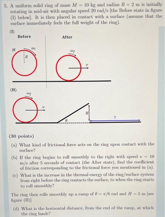 5 A Uniform Solid Ring Of Mass M 10 Kg And Radius R 2 M Is Initially Rotating In Mid Air With Angular Speed 20 Rad 1