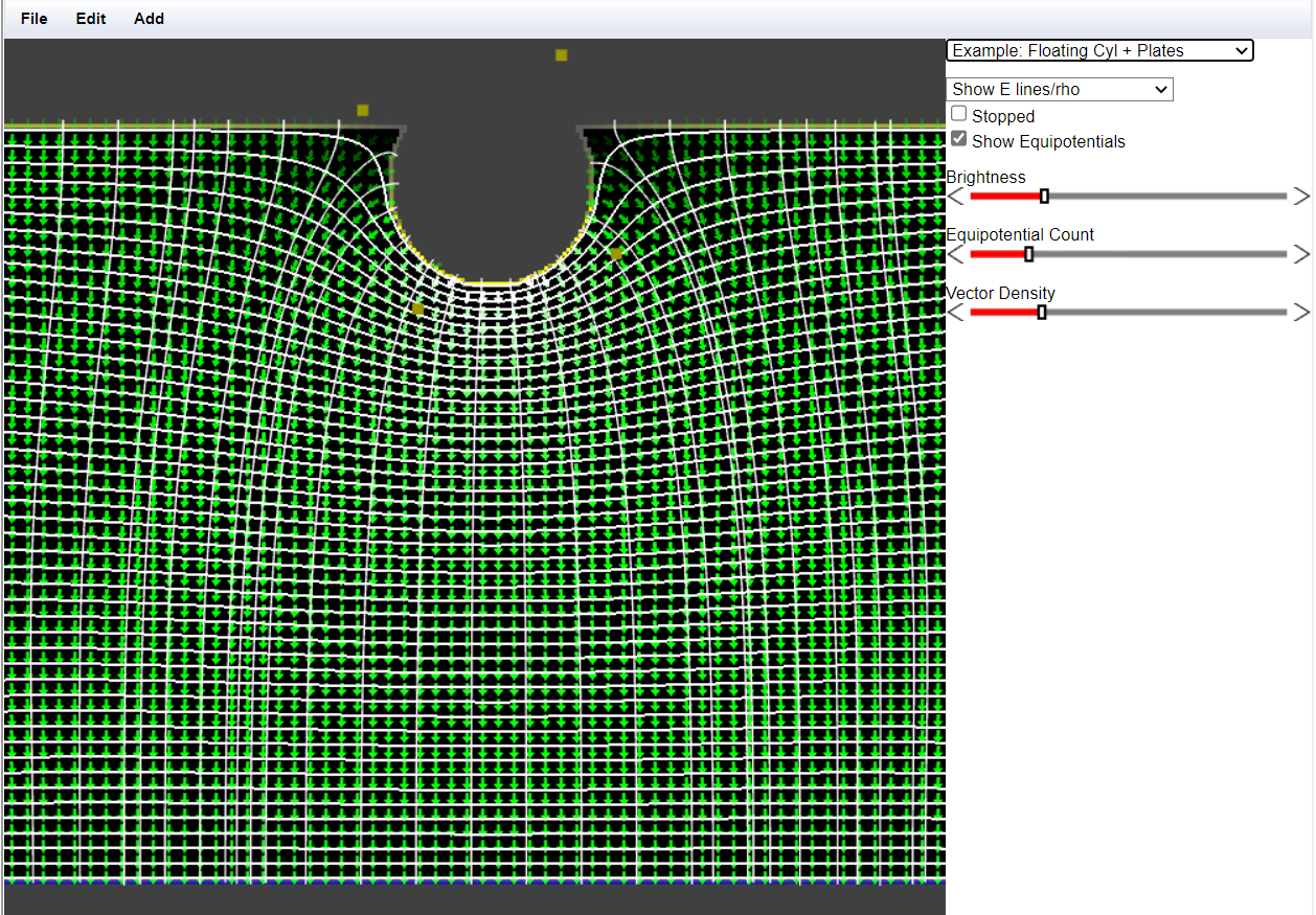 File Edit Add Example Floating Cyl Plates Show E Lines Rho O Stopped Show Equipotentials Brightness Equipotential Co 1
