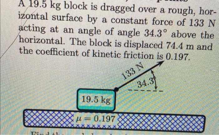 A 19 5 Kg Block Is Dragged Over A Rough Hor Izontal Surface By A Constant Force Of 133 N Acting At An Angle Of Angle 3 1