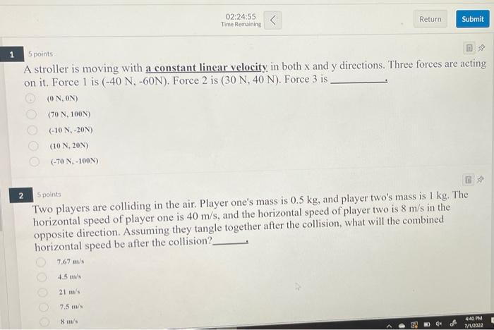 1 2 02 24 55 Time Remaining 5 Points A Stroller Is Moving With A Constant Linear Velocity In Both X And Y Directions 1