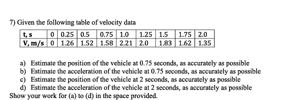 7 Given The Following Table Of Velocity Data T S 0 0 25 0 5 0 75 1 0 1 25 1 5 1 75 2 0 V M S 0 1 26 1 52 1 58 2 21 1