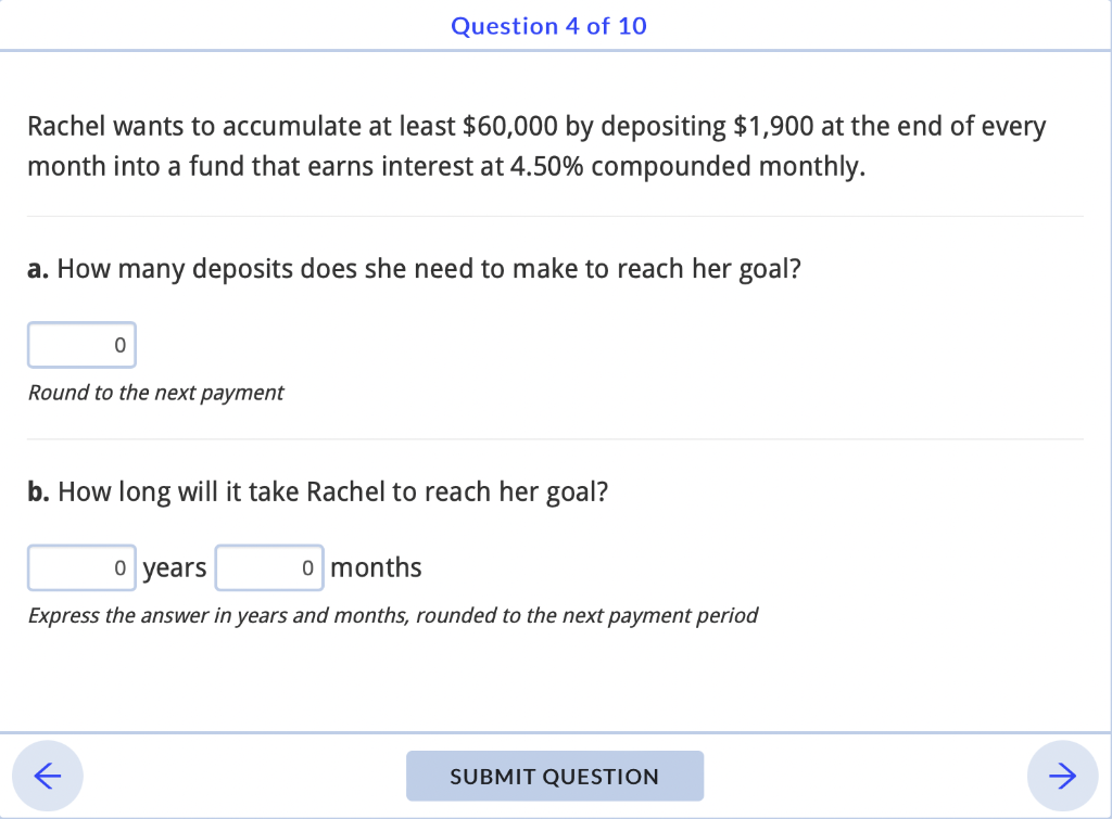 Rachel Wants To Accumulate At Least 60 000 By Depositing 1 900 At The End Of Every Month Into A Fund That Earns Intere 1