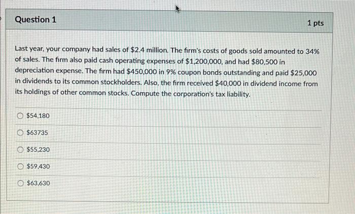 Question 1 Last Year Your Company Had Sales Of 2 4 Million The Firm S Costs Of Goods Sold Amounted To 34 Of Sales T 1