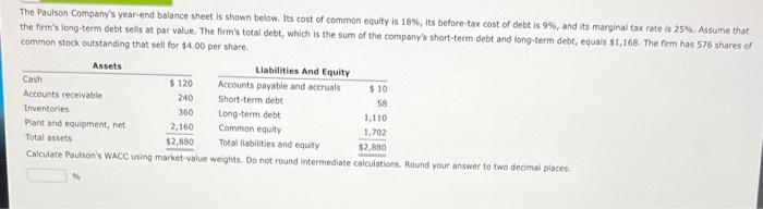 The Paulson Company S Year End Balance Sheet Is Shown Below Its Cost Of Common Equity Is 18 Its Before Tax Cost Of De 1