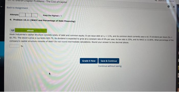 Of Chapter Problems The Cost Of Capital Back To Assignment Attempts Keep The Highest 1 6 Problem 10 11 Wacc And Perc 1