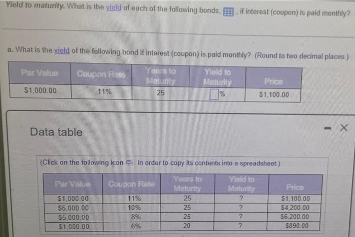 Yield To Maturity What Is The Yield Of Each Of The Following Bonds If Interest Coupon Is Paid Monthly A What Is T 1