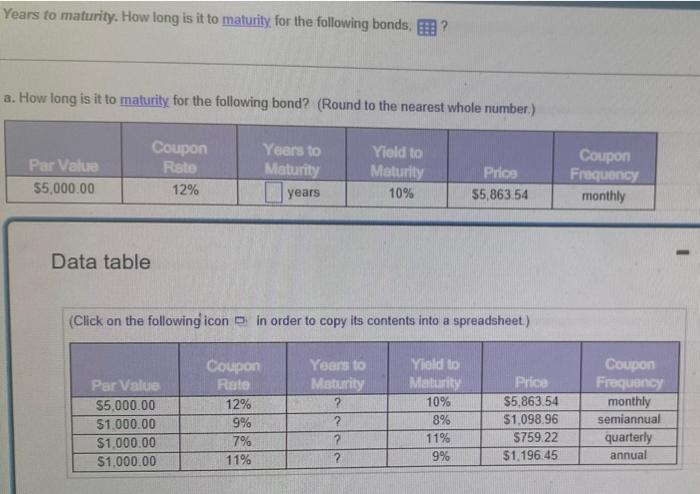 Years To Maturity How Long Is It To Maturity For The Following Bonds A How Long Is It To Maturity For The Following 1