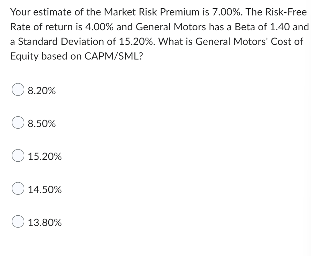 Your Estimate Of The Market Risk Premium Is 7 00 The Risk Free Rate Of Return Is 4 00 And General Motors Has A Beta O 1
