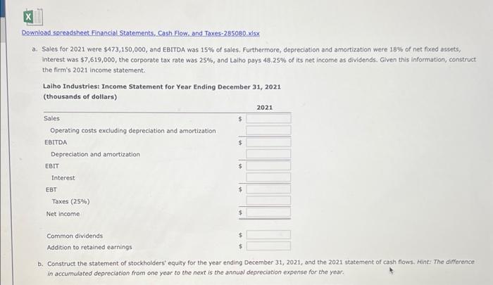 Excel Activity Financial Statements Cash Flow And Taxes Laiho Industries S 2020 And 2021 Balance Sheets In Thousands 2