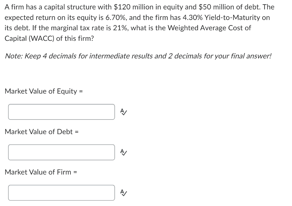 A Firm Has A Capital Structure With 120 Million In Equity And 50 Million Of Debt The Expected Return On Its Equity Is 1