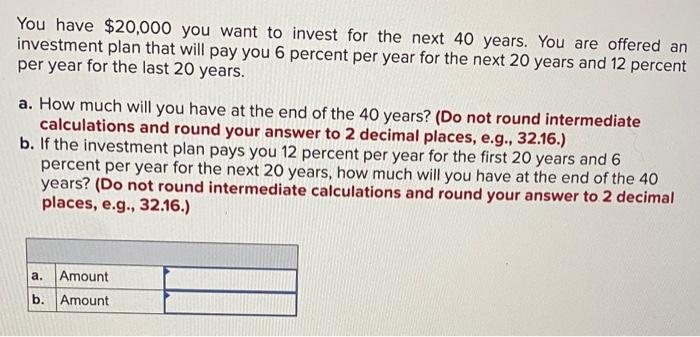 You Have 20 000 You Want To Invest For The Next 40 Years You Are Offered An Investment Plan That Will Pay You 6 Percen 1