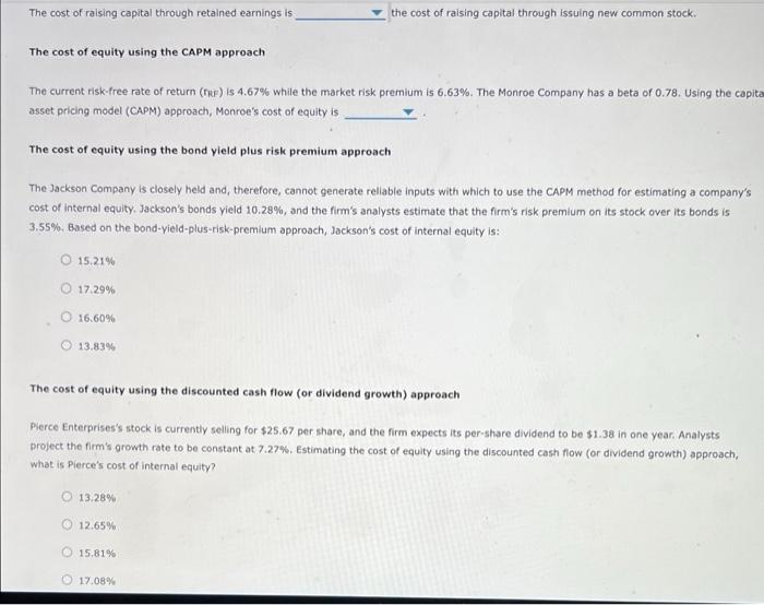 The Cost Of Raising Capital Through Retained Earnings Is The Cost Of Equity Using The Capm Approach The Current Risk Fre 1