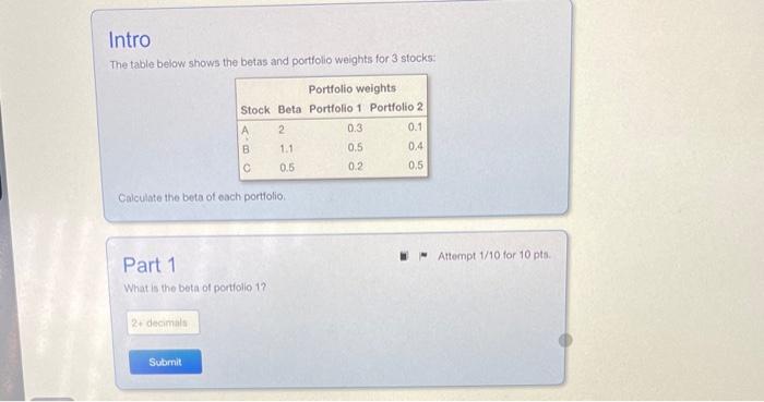Intro The Table Below Shows The Betas And Portfolio Weights For 3 Stocks Portfolio Weights Stock Beta Portfolio 1 Portf 1