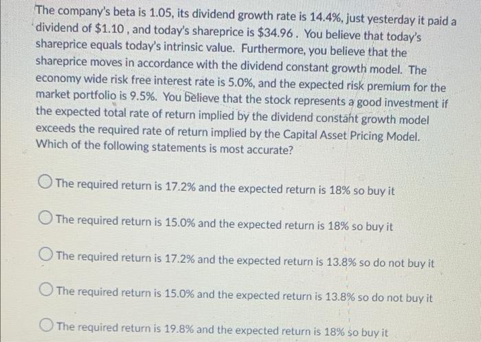 The Company S Beta Is 1 05 Its Dividend Growth Rate Is 14 4 Just Yesterday It Paid A Dividend Of 1 10 And Today S S 1