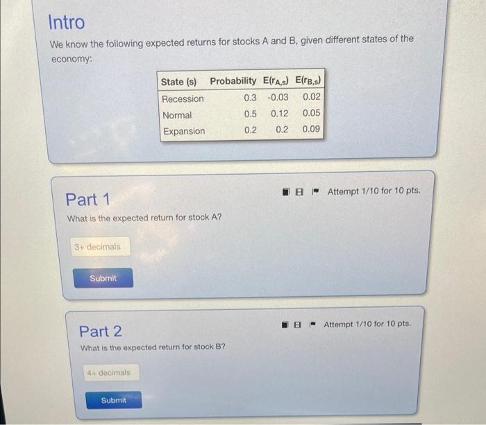 Intro We Know The Following Expected Returns For Stocks A And B Given Different States Of The Economy 3 Decimals Part 1