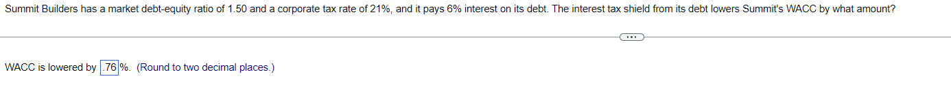 Summit Builders Has A Market Debt Equity Ratio Of 1 50 And A Corporate Tax Rate Of 21 And It Pays 6 Interest On Its D 1